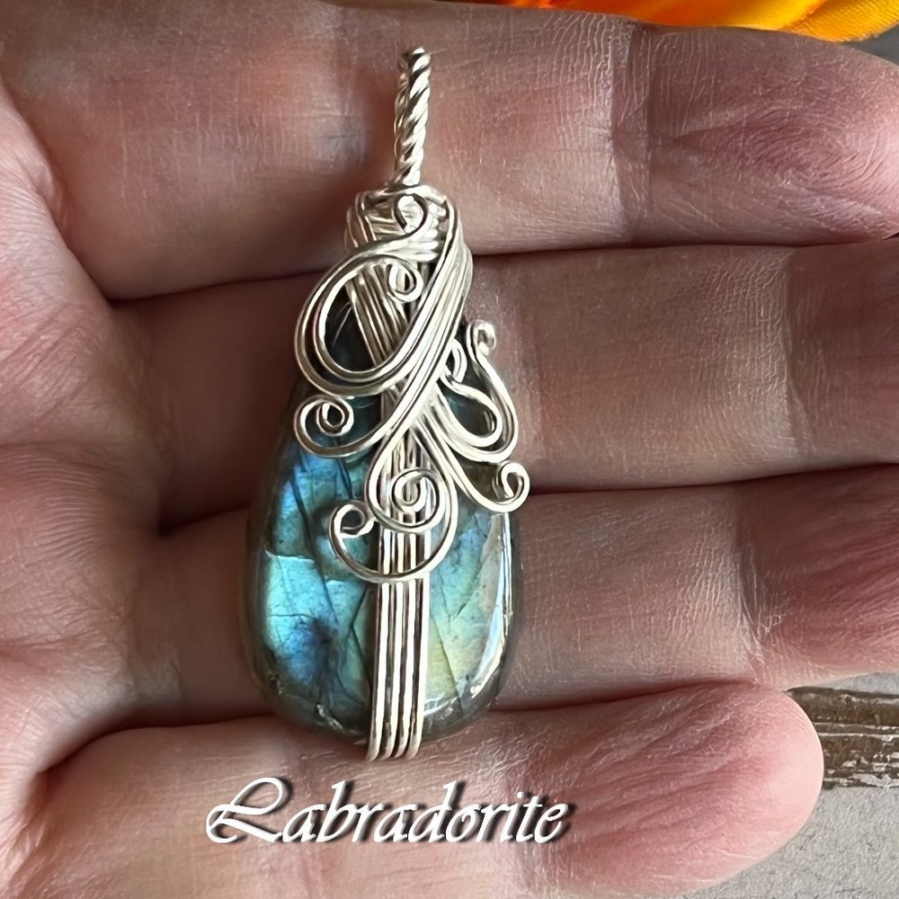 Labradorite Pendant Handmade Gemstone Crystal Silver Overlay Wrapped Bohemian